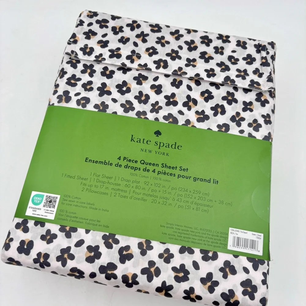 Kate Spade New York 4‎ Piece Queen Sheet Set Floral Leopard Print 100% Cotton